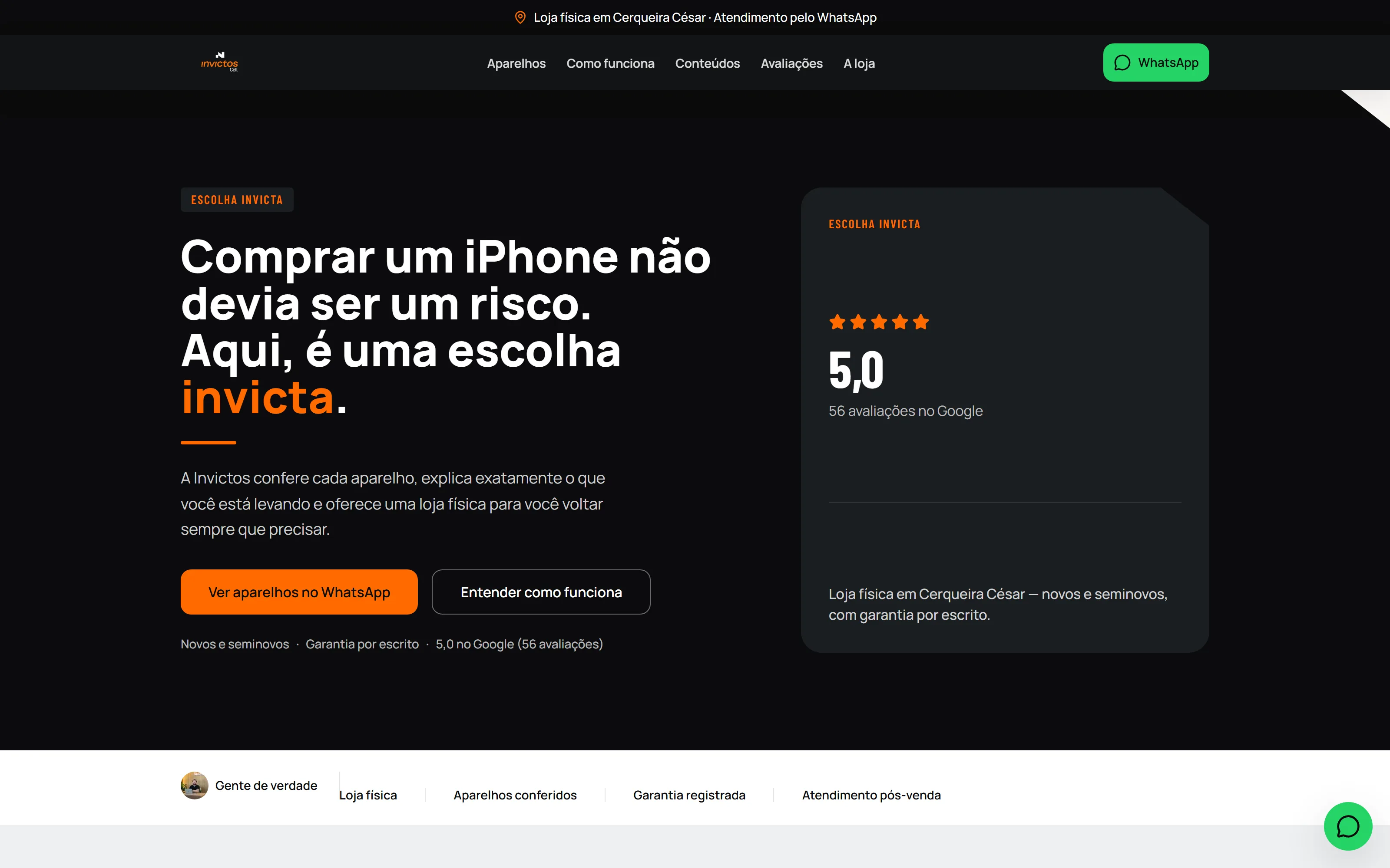 Home da Invictos Cell com nota do Google em destaque
