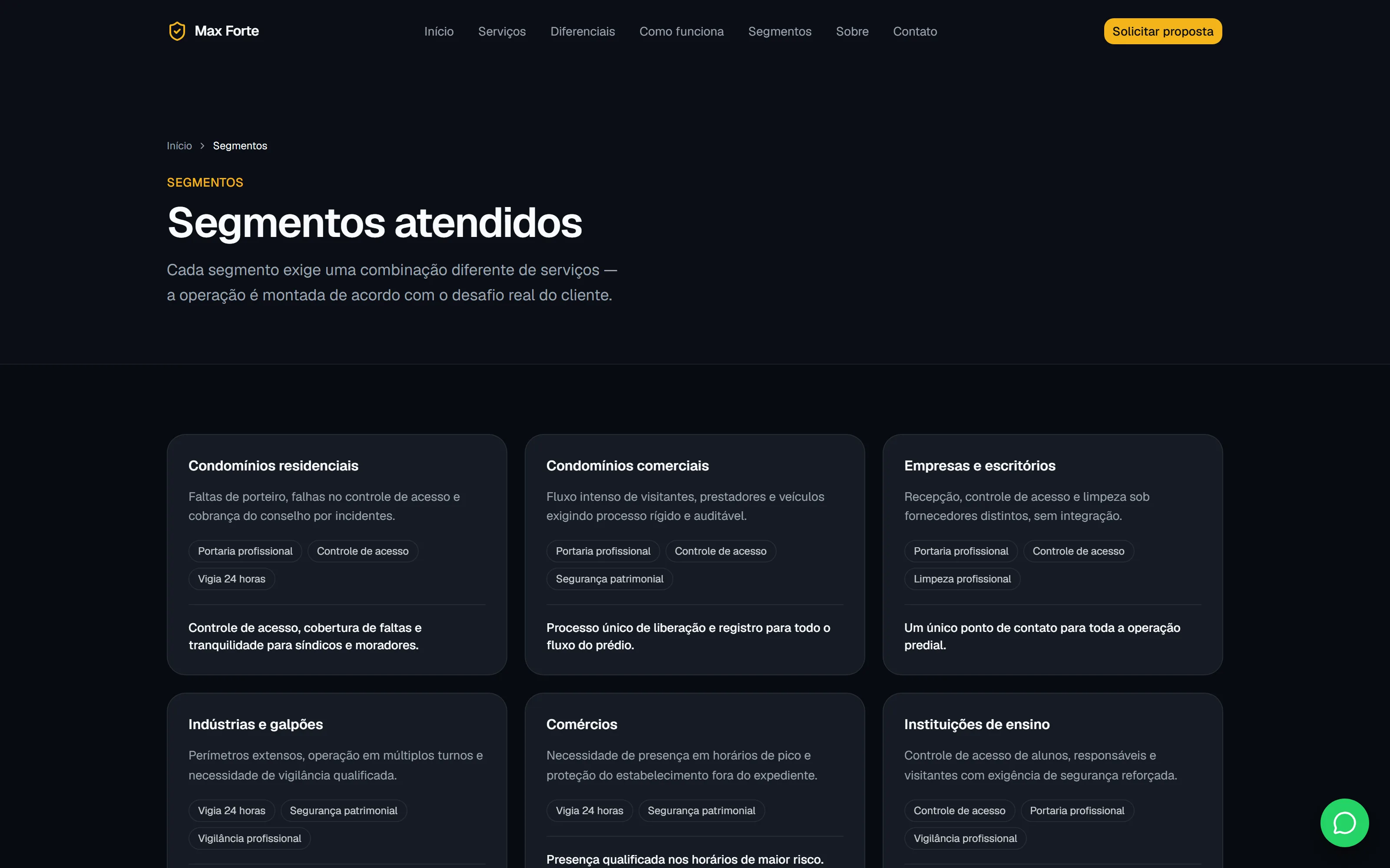 Página de segmentos atendidos pela Max Forte Security