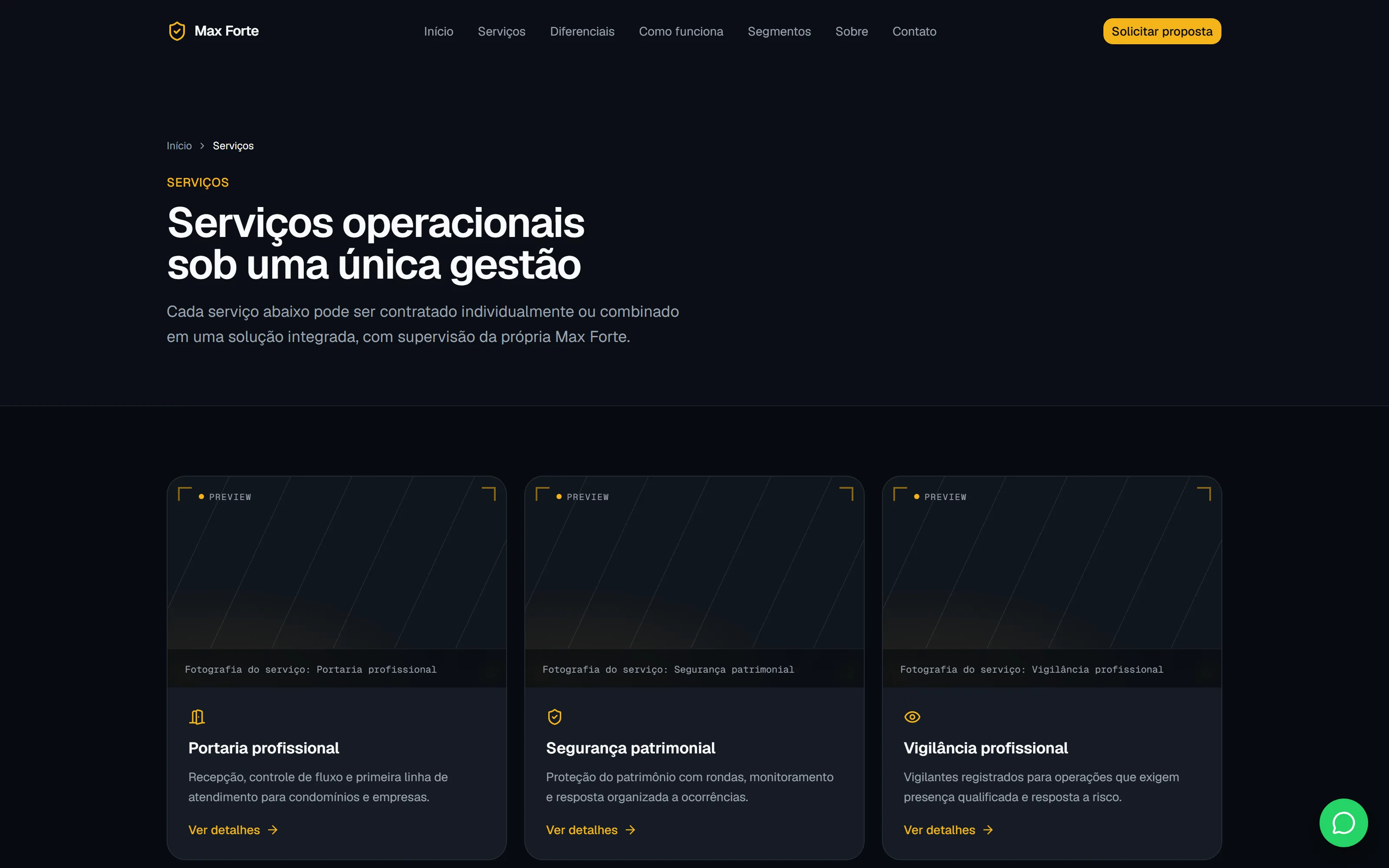 Página de serviços da Max Forte Security