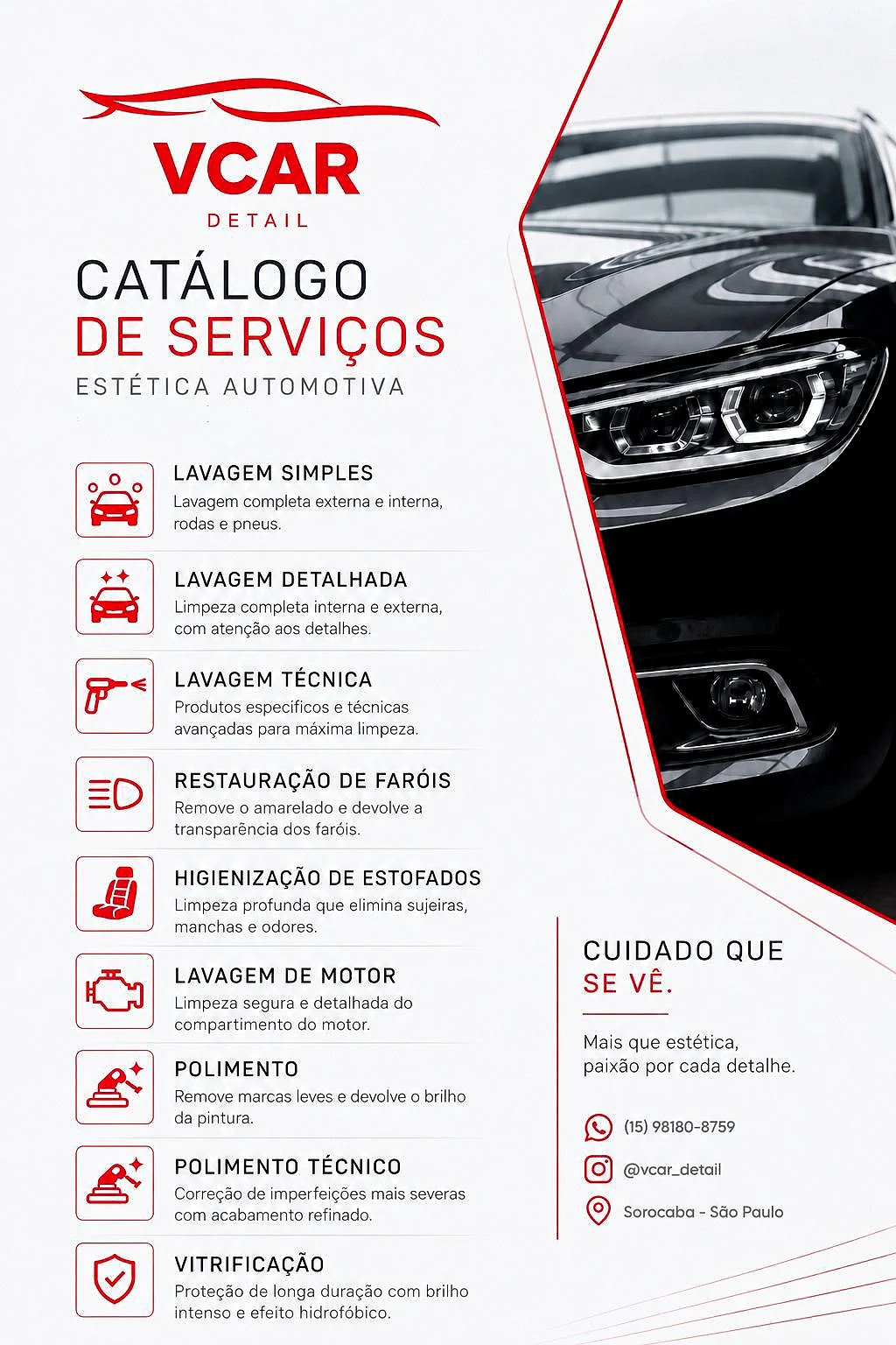 Catálogo de serviços impresso da VCAR Detail